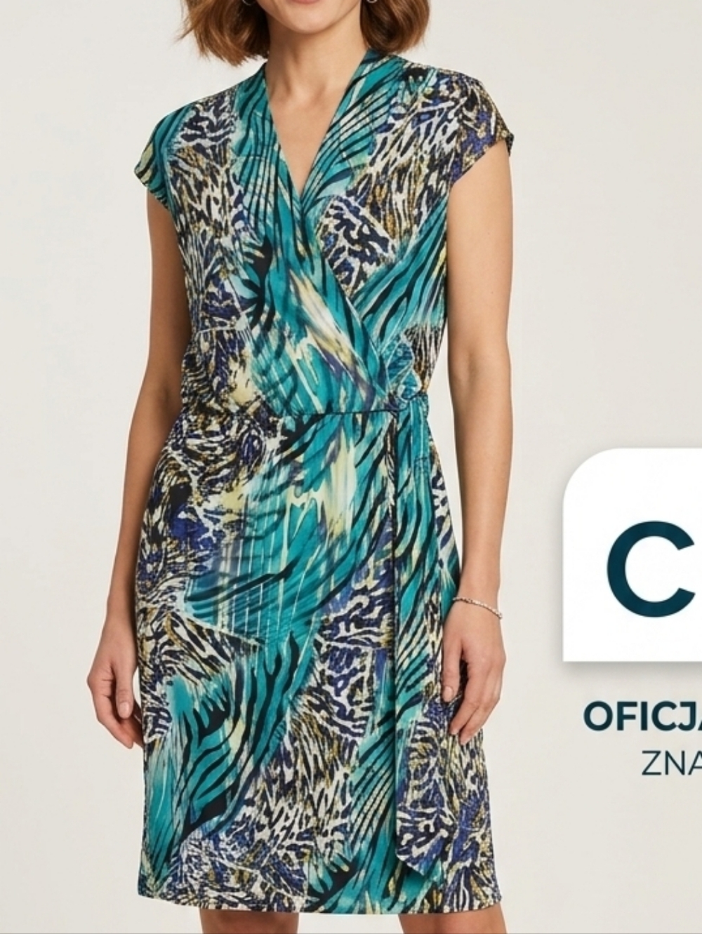 cleo Teal and Blue Printed Wrap-Style Midi Dress